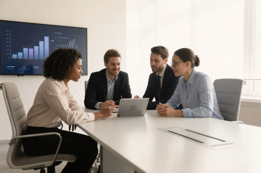 一群专业人士围坐在会议桌旁，讨论数据洞察和战略规划